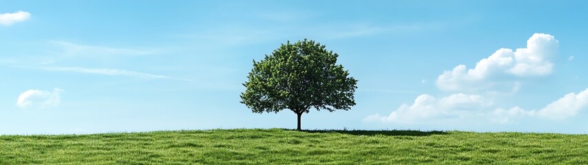 Fototapeta premium Tranquil Solitude - Single Tree on Green Grass Panoramic Banner with Copy Space under Blue Sky