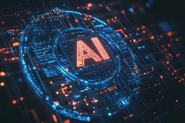 Glowing AI text in futuristic digital frame with flowing lines and intricate data grids representing machine learning