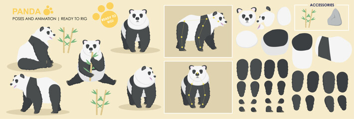Cute panda bear ready for animation rigging , multiple poses, collection multiple angles including accessories, cartoon teddy bear character vector pack.
