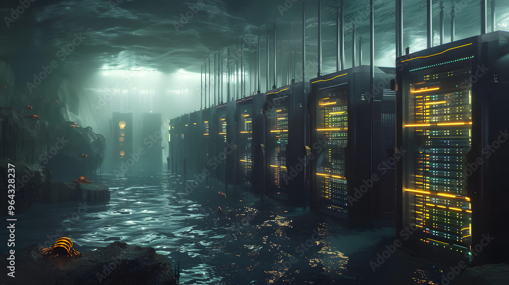 Poster bioluminescent deep sea trench with glowing creatures evolving into ai neural networks and ocean flo