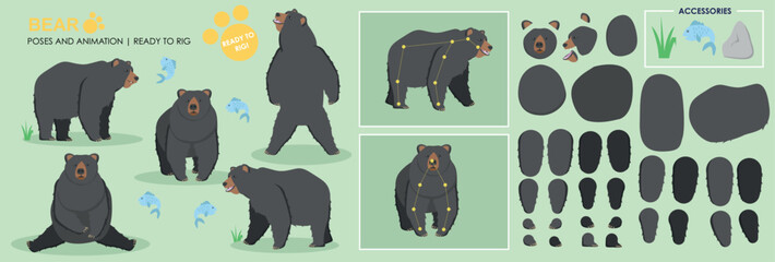 Cute black bear ready for animation rigging , multiple poses, collection multiple angles including accessories, cartoon teddy bear character vector pack.