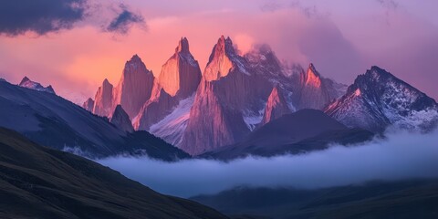 Breathtaking mountains at sunset, showcasing stunning peaks illuminated by warm colors with a misty landscape below.