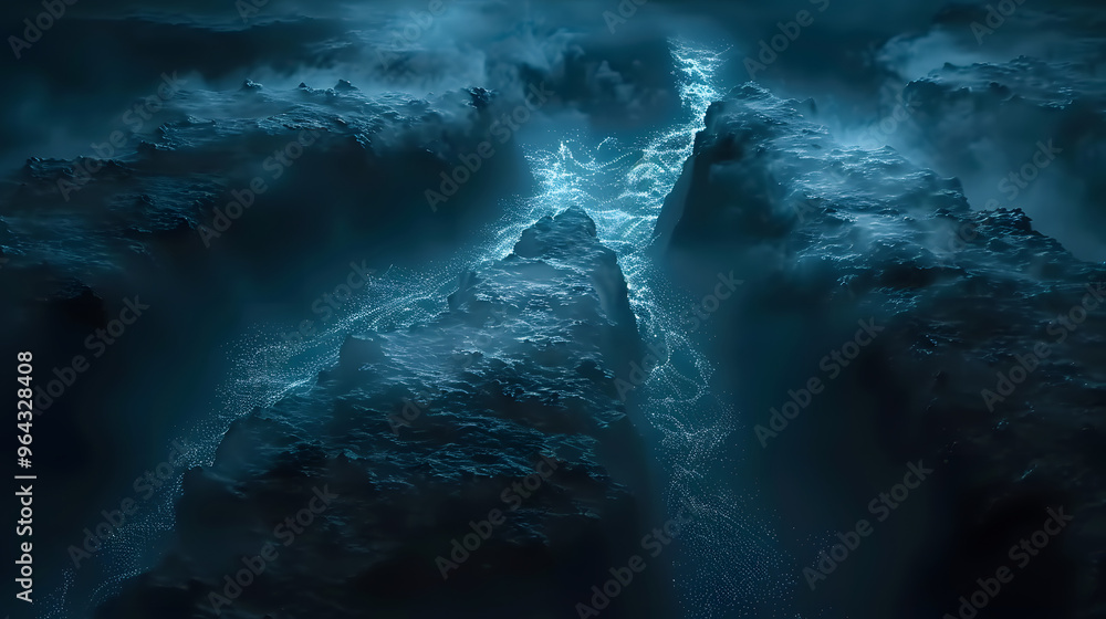Poster bioluminescent deep sea trench with glowing creatures evolving into ai neural networks and ocean flo