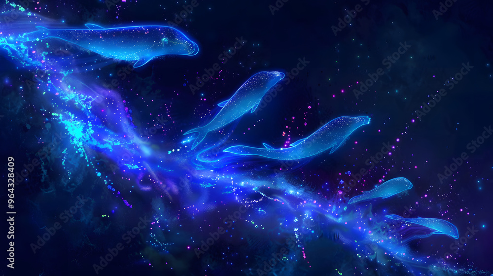 Poster bioluminescent deep sea trench with glowing creatures evolving into ai neural networks and ocean flo