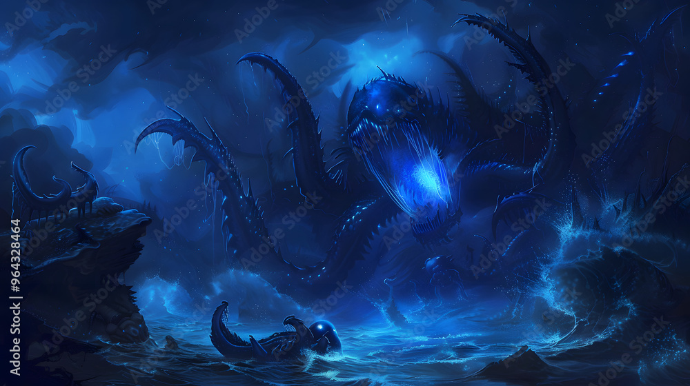 Aufkleber bioluminescent deep sea trench with glowing creatures evolving into ai neural networks and ocean flo