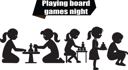 Playing Board Games Night Elegant Silhouette Vector Illustrations