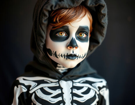 Le visage de cet enfant est couvert de maquillage noir et blanc, reproduisant un squelette terrifiant. Son regard intense et la pr&eacute;cision du maquillage donnent une allure effrayante.