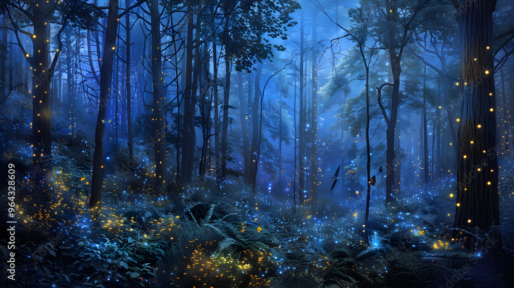 Poster bioluminescent forest at night and trees functioning as organic supercomputers and fireflies transfe
