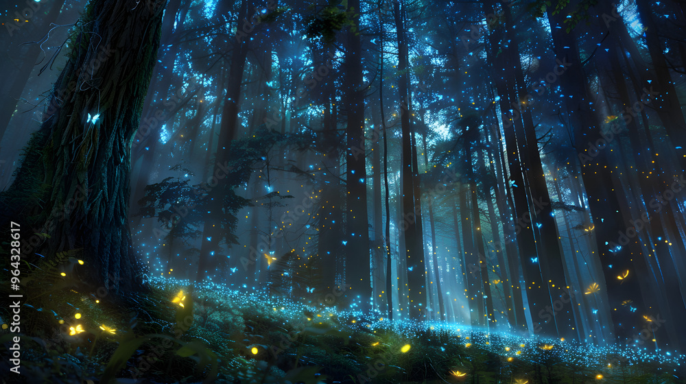 Poster bioluminescent forest at night and trees functioning as organic supercomputers and fireflies transfe