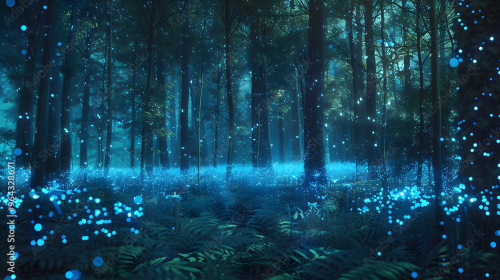 Poster bioluminescent forest at night and trees functioning as organic supercomputers and fireflies transfe