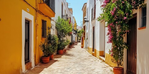 Charming narrow street with colorful buildings and blooming flowers, perfect for evoking a serene, picturesque atmosphere.