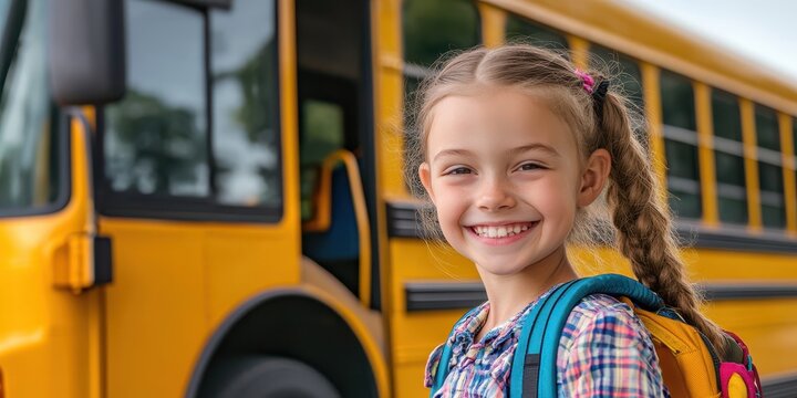 Cheerful girl with a backpack smiles beside a yellow school bus, capturing the essence of childhood and back-to-school excitement.