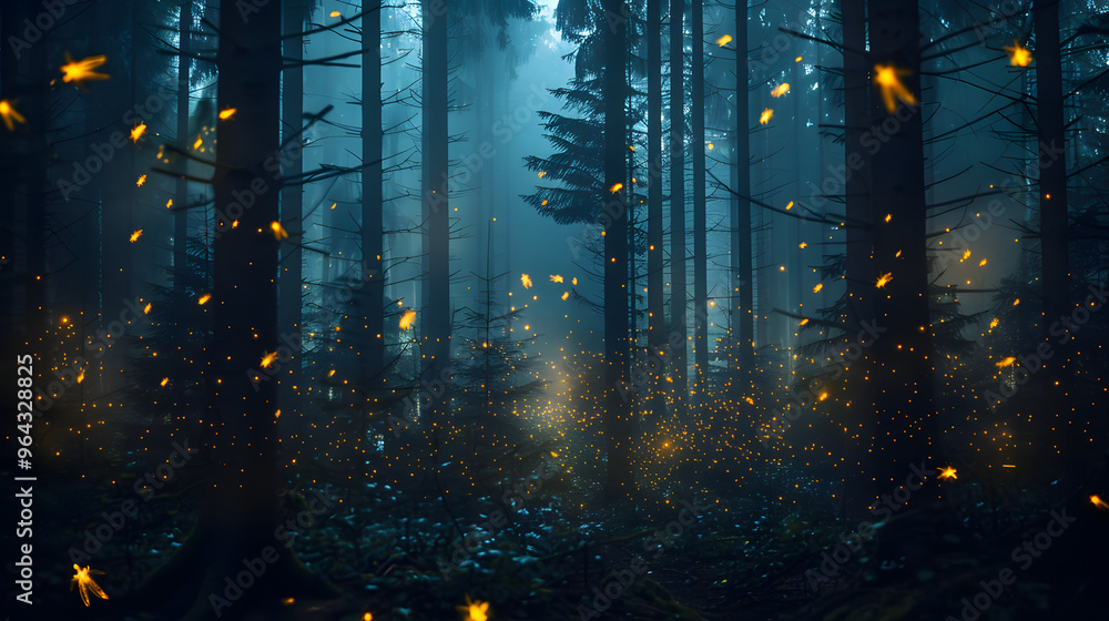 Poster bioluminescent forest at night and trees functioning as organic supercomputers and fireflies transfe
