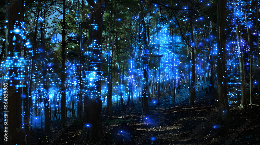 Poster bioluminescent forest at night and trees functioning as organic supercomputers and fireflies transfe