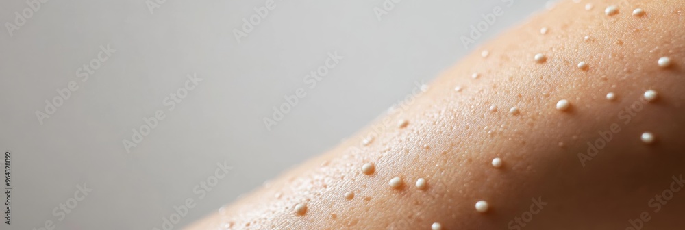 Poster close-up of skin with small raised blisters and bumps showing signs of monkeypox rash and infection 