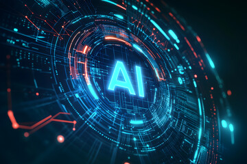 Futuristic glowing AI text in sleek digital frame surrounded by data patterns, abstract shapes, and neon highlights
