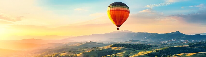 Obraz premium Serene Hot Air Balloon Drifting Over Vibrant Landscape - Panoramic Dreamy Banner of Adventure and Freedom