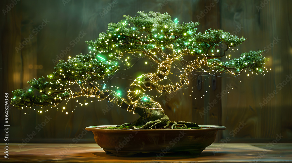 Poster bonsai tree with branches forming neural networks and leaves transforming into miniature led screens