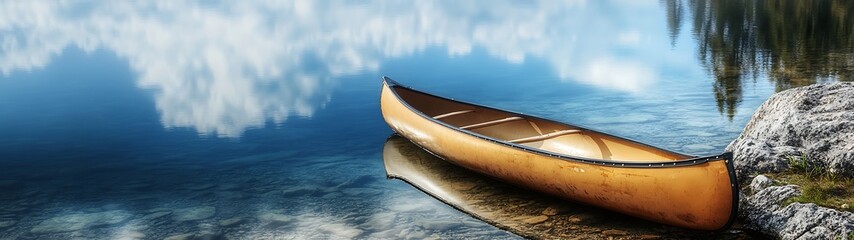 Serene Canoe on Crystal Clear Lake - Panoramic Landscape with Sky Reflections