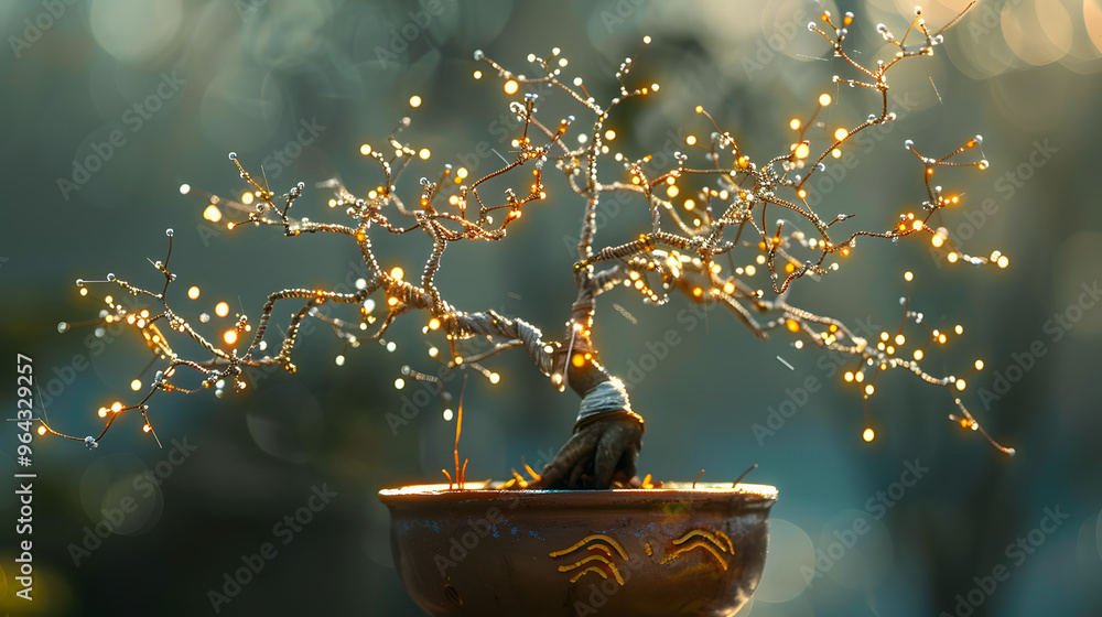 Poster bonsai tree with branches forming neural networks and leaves transforming into miniature led screens