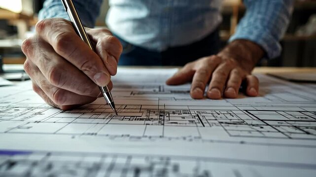Detailed architectural drawing process in a studio workspace during the day with a focus on hands and blueprints