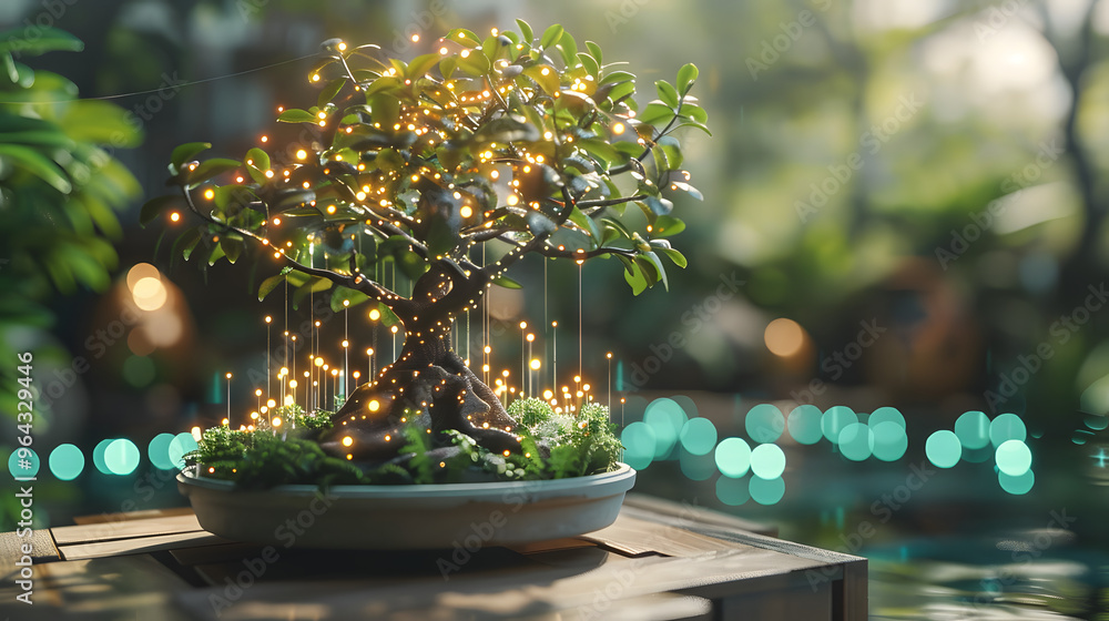 Poster bonsai tree with branches forming neural networks and leaves transforming into miniature led screens