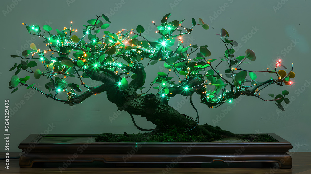 Poster bonsai tree with branches forming neural networks and leaves transforming into miniature led screens
