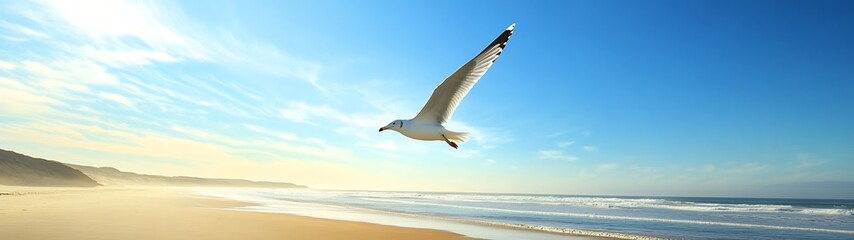 Obraz premium Majestic Seagull Soaring over Wide Beach Panorama with Coastal Views