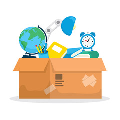 concept illustration of stacking school tools in a cardboard box, flat style vector illustration.