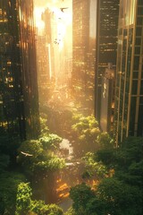 Naklejka premium A captivating scene where magical creatures interact with modern city life