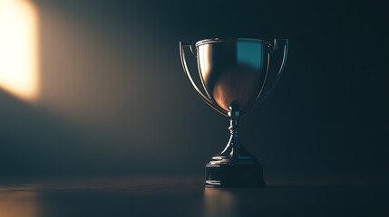 A low-angle view of a sleek, minimalist trophy gleaming under soft ambient light, capturing the essence of sports achievement, smooth lines, subtle shadows, photorealistic style