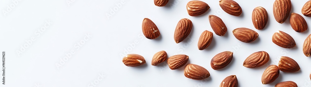 Poster scattered roasted almonds on white background - top view 3d rendering