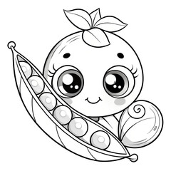 Obraz premium Coloring page for kids with cute little peas with big eyes and leaves on a white background