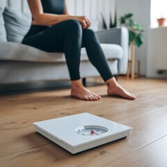 White weighing scale on wooden floor, person on gray sofa in modern room For Social Media Post Size