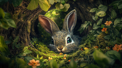 Adorable rabbit peeking out of its burrow surrounded by lush greenery and orange flowers in a picturesque forest setting.