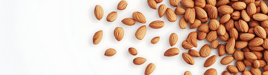 Fototapeta premium Crunchy Roasted Almonds Scattered Flat Lay on White Background - 3D Rendering of Nutritious Snack, Top View Isolated Composition