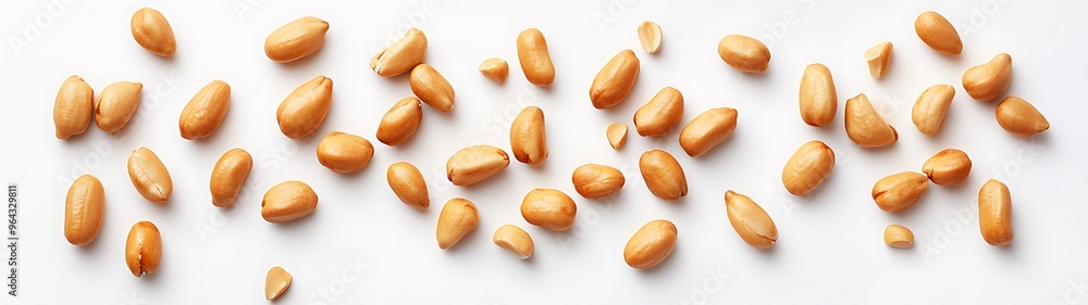 Poster scattered peanuts on white background - 3d rendered flat lay of nut snack, top view isolated nuts fo