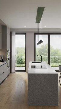 Kitchen-dining room, room in a modern minimalist style. Open space. 3D rendering. Vertical format