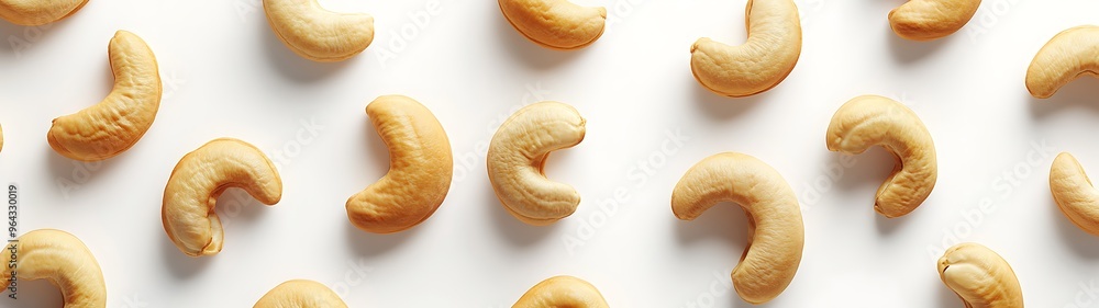 Poster abundant cashews arranged in a tantalizing flat lay composition, top view on white, realistic 3d ren