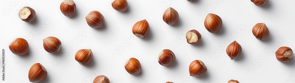 Poster abundance of hazelnuts on white background - top view 3d rendering
