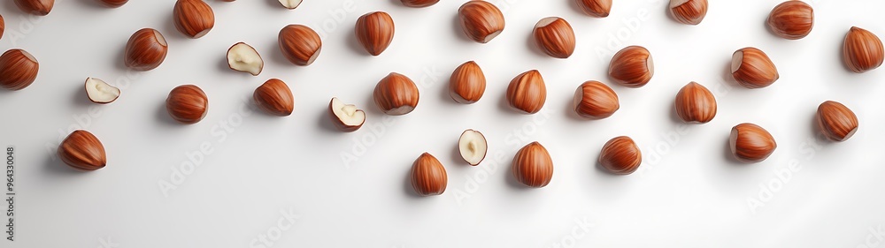 Poster scattered hazelnuts on white background - top view 3d rendering