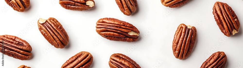 Poster abundant pecan nuts scattered on white surface, top view - 3d rendering isolated on white background