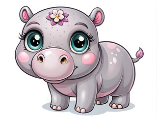Fototapeta premium Children's illustration depicting a cute little hippo girl with big eyes with a flower on her head on a white background