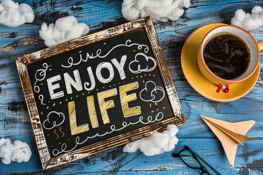 Positive advice: enjoy life written on an chalkboard. Concept of inspiration, motivation, enjoying the little moments and living in the present moment