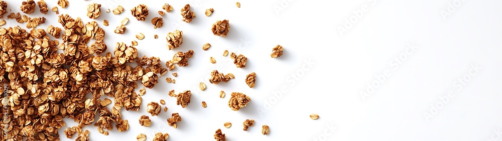 Poster scattered granola clusters on white background - flat lay top view 3d rendering