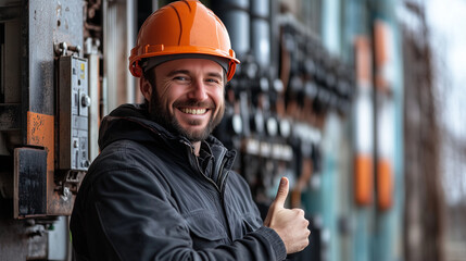Smiling electrician wearing a hard hat giving a thumbs up in front of a substation. 