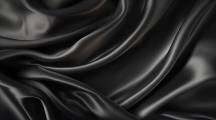 Fototapeta premium Black satin fabric with glossy folds, abstract luxury background with copy space