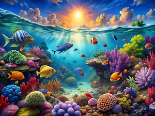Beautiful seascape depicting an underwater coral reef with colorful corals and algae and a variety of bright fish