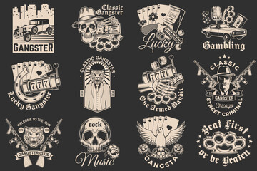 Set of gangster design. Vintage print, logo, badge design with retro car, poker playing card, casino chips, slot machines, two dice, knuckle, gun and guitar. Vector illustration.