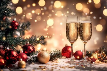 Festive holiday toast with champagne flutes and christmas ornaments